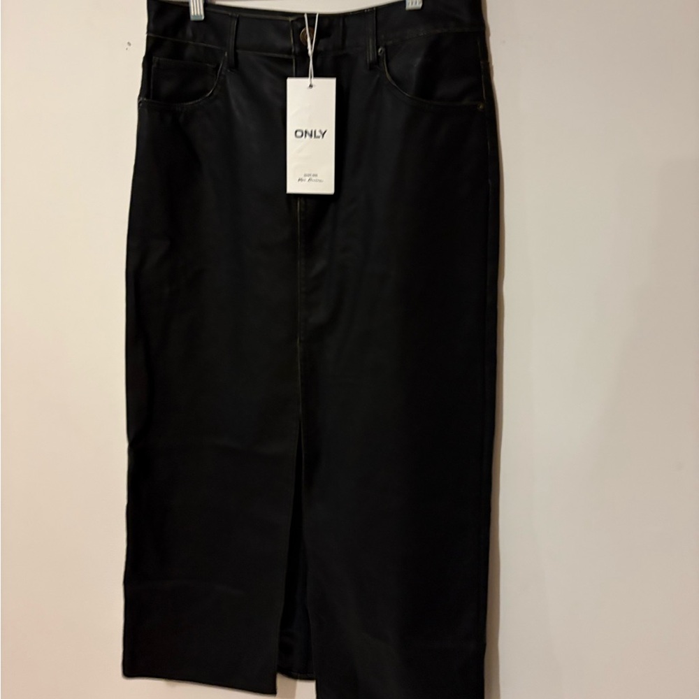 Black Midi Faux Leather Skirt with Front Slit